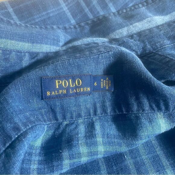 Polo Ralph Lauren Indigo Dyed Blue Plaid Linen Tie Front Sarong Shirt Dress - Picture 13 of 16